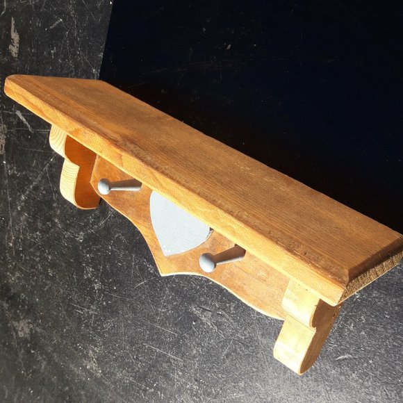 Wood Display Shelf w/ Hooks Boho Wooden Shelf Rack Wall Hanging Farmhouse Decor - Picture 3 of 9